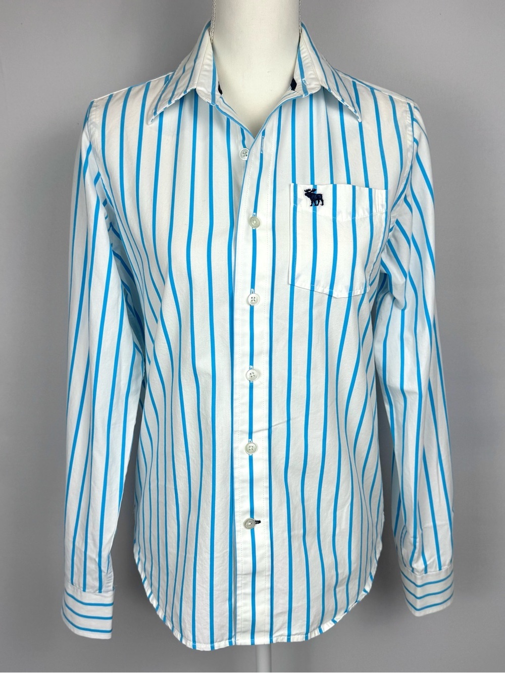 Abercrombie & Fitch Cotton Long Sleeve Button Up Shirt White Turquoise Stripes